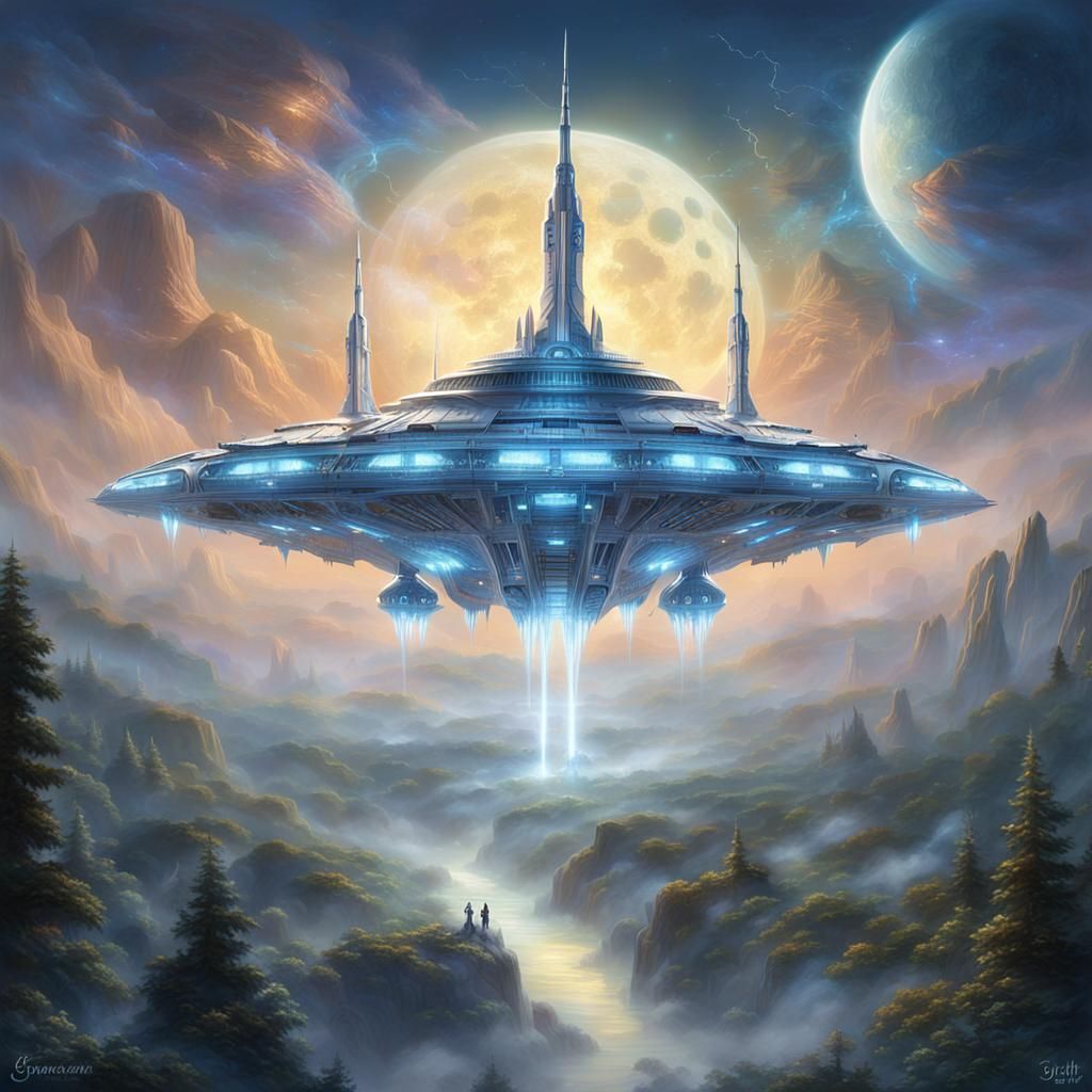 Ethereal Spaceship in Dreamy Celestial Landscape