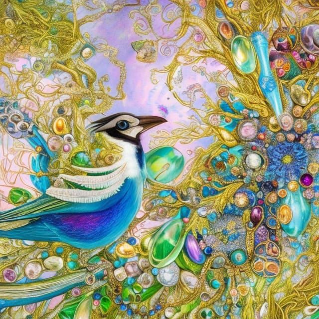Seagreen-Eyed Magpie Nest with Jewels, Fairytale Illustratio...