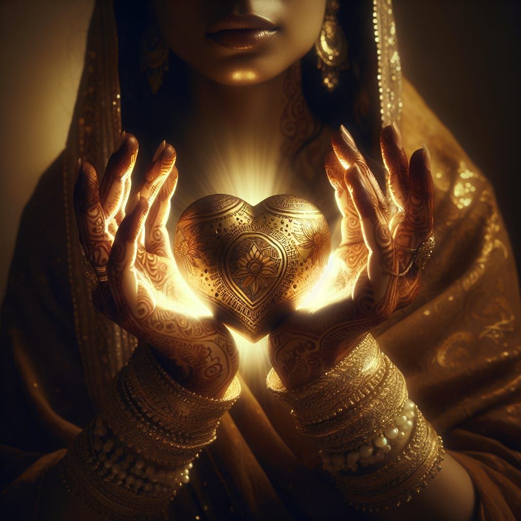 In this artwork, a woman's hands, delicate and adorned with intricate henna designs, cradle a sacred golden heart. The h...