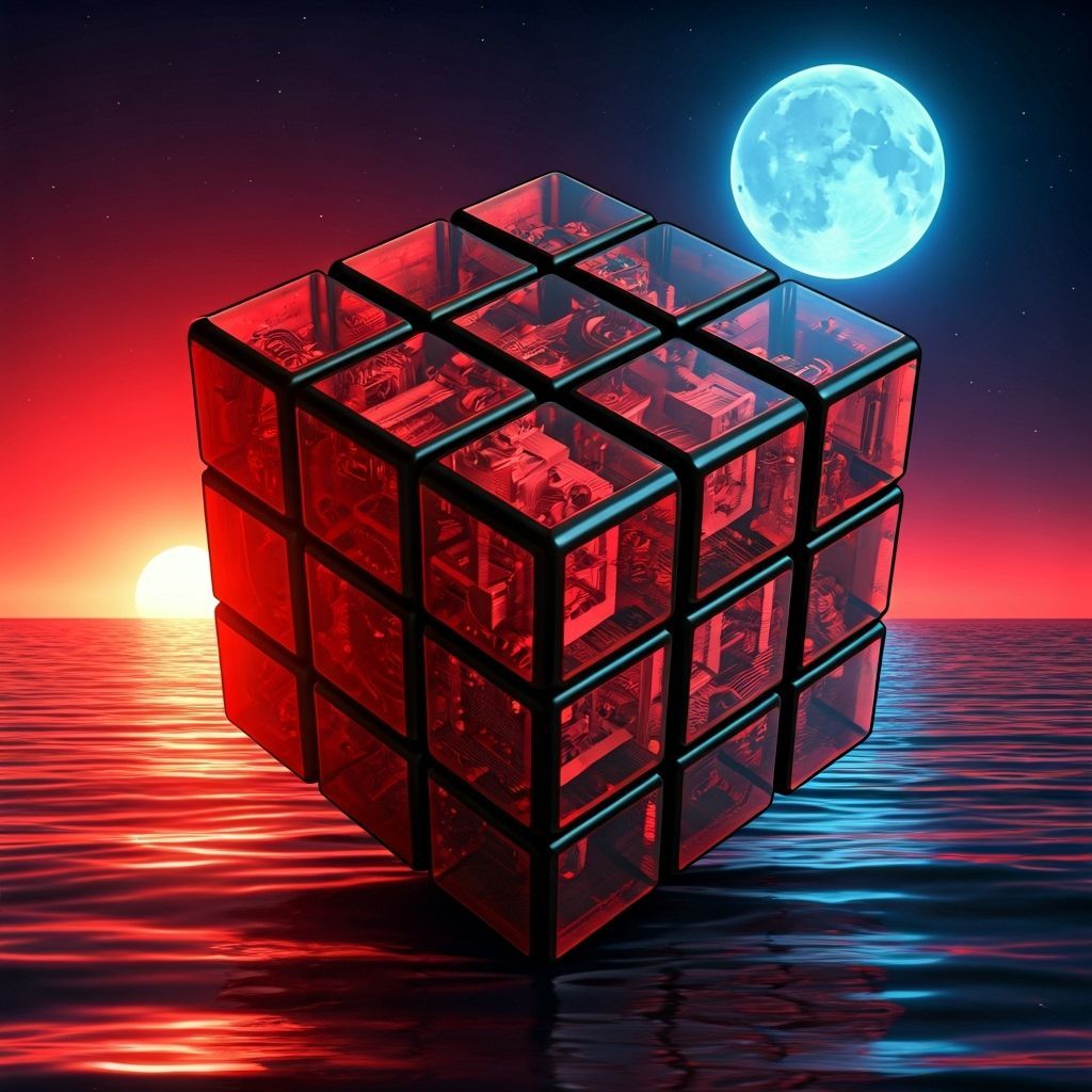 Rubik's Cube with Red Sea and Moon in Futuristic Style