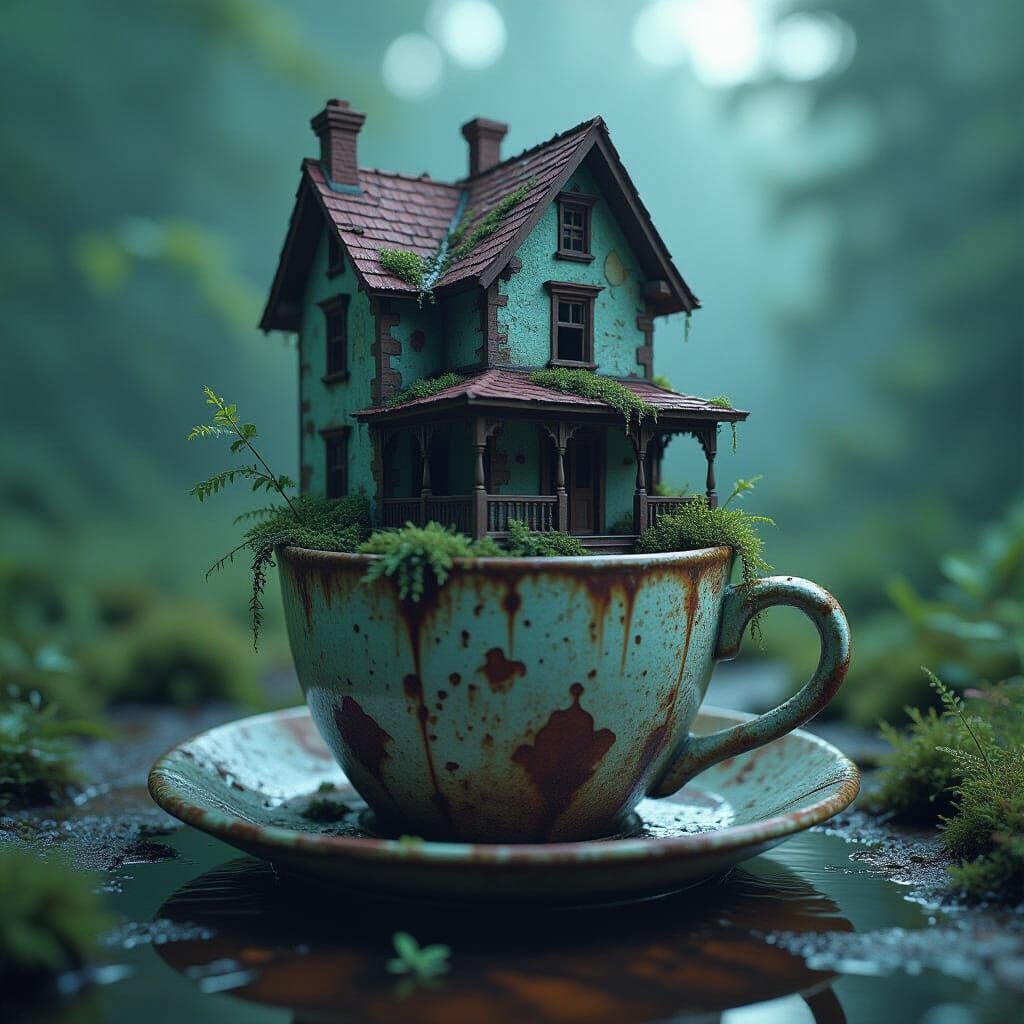 Miniature Drug House in Coffee Cup, Detailed Matte Painting