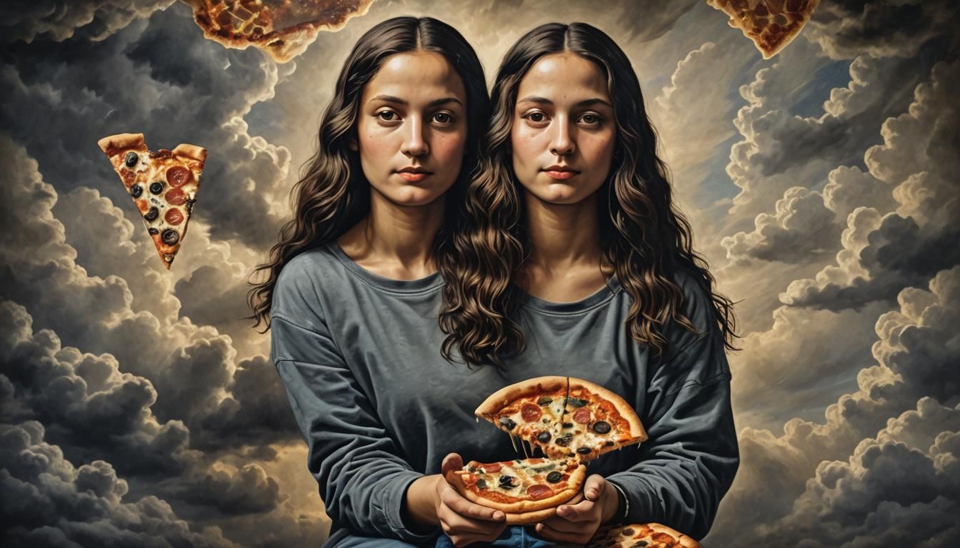 Mona Lisa Reimagined: Pizza, Sneakers, and Moody Skies