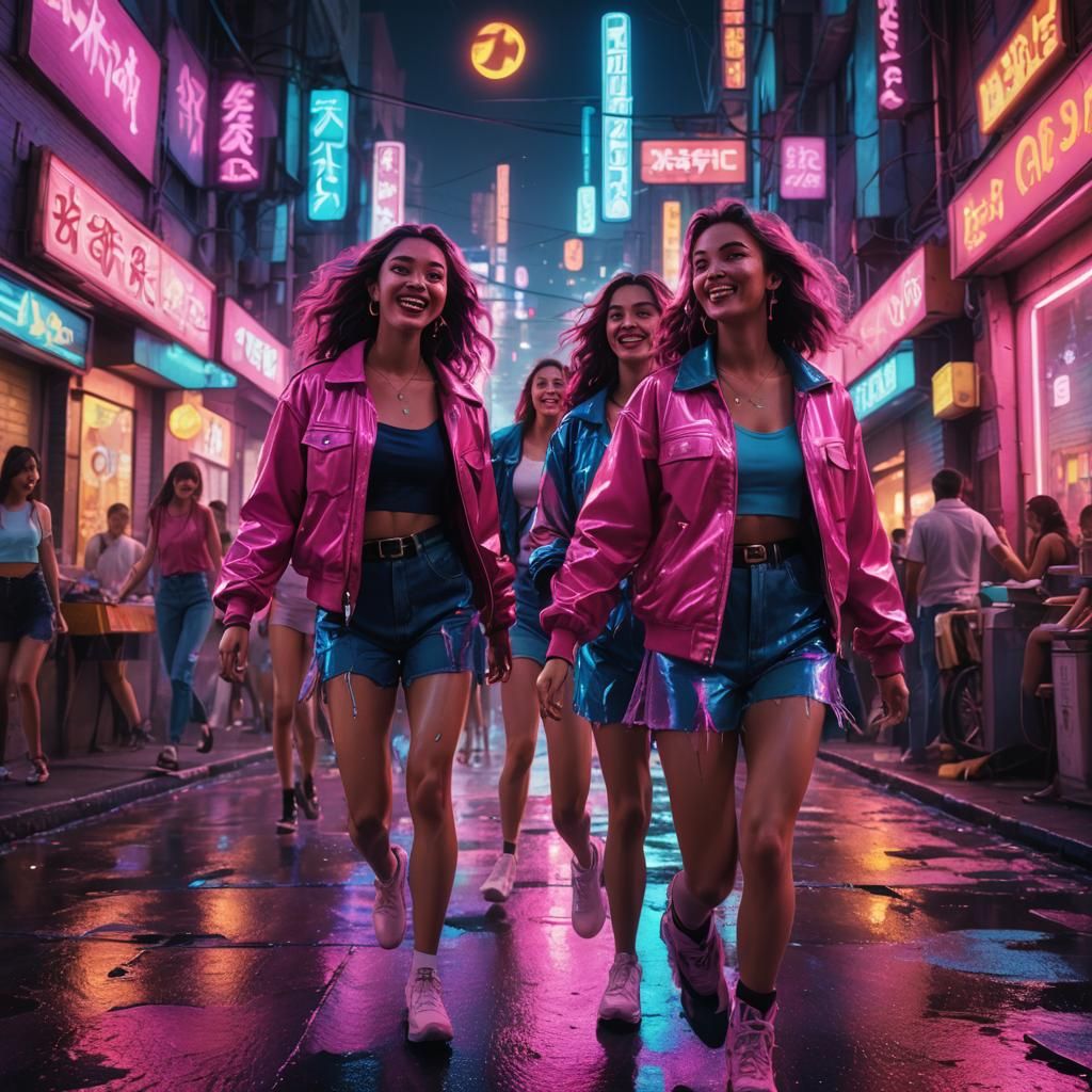Girls Having Fun in Neon 1980s Cityscape