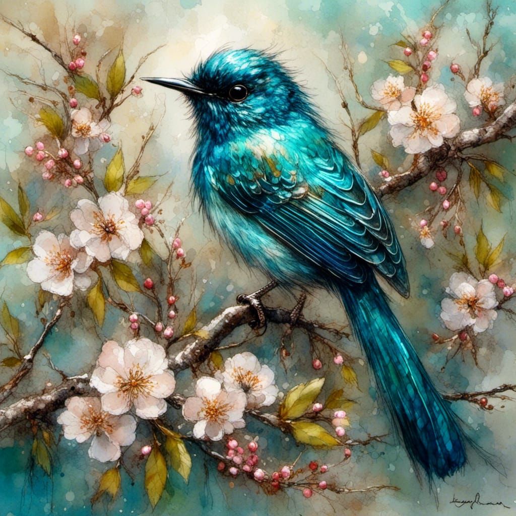 Shimmery Starling on Hawthorne Branch in Vintage Style