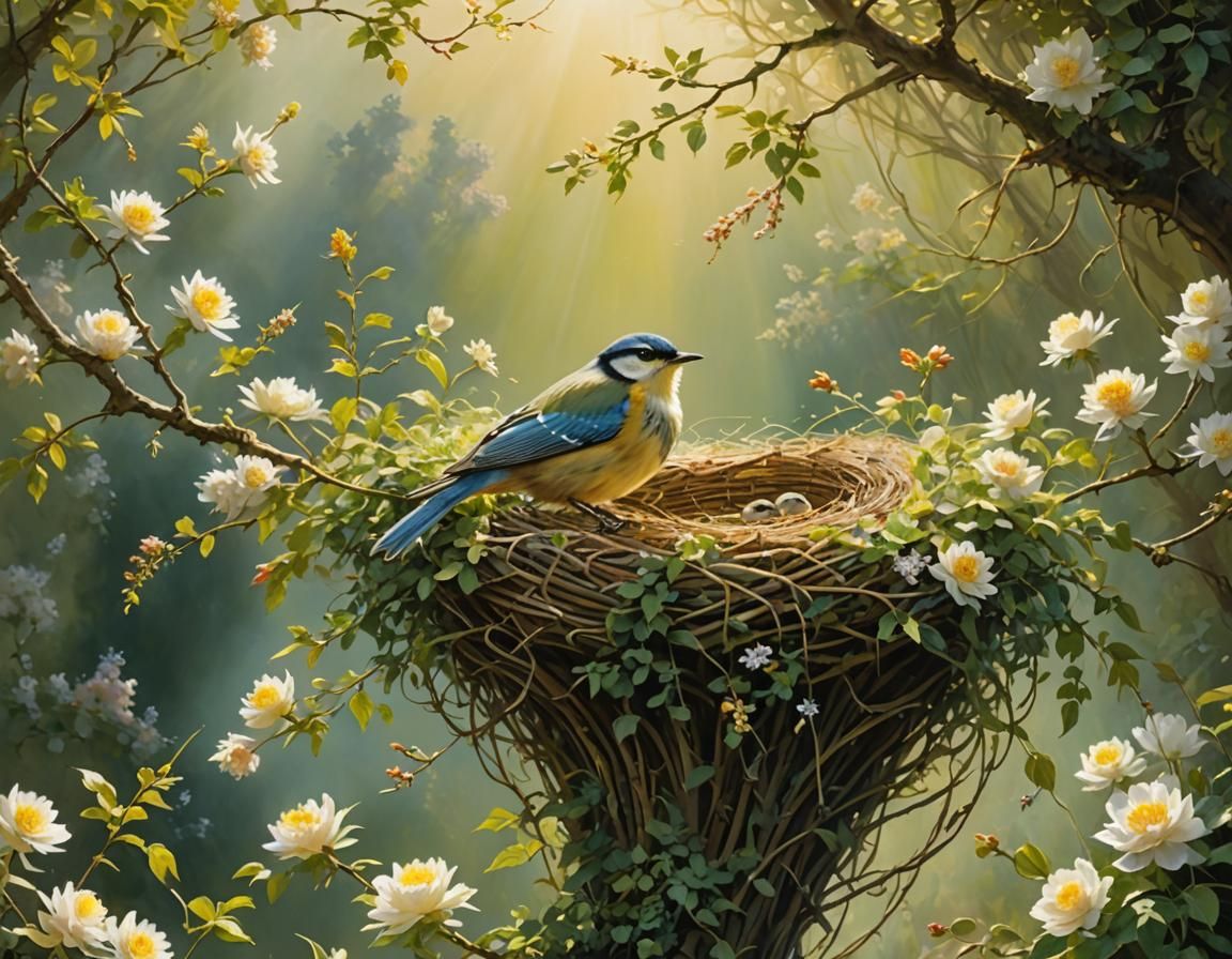 Bird on Nest in Flowering Hedge: Impressionistic Art