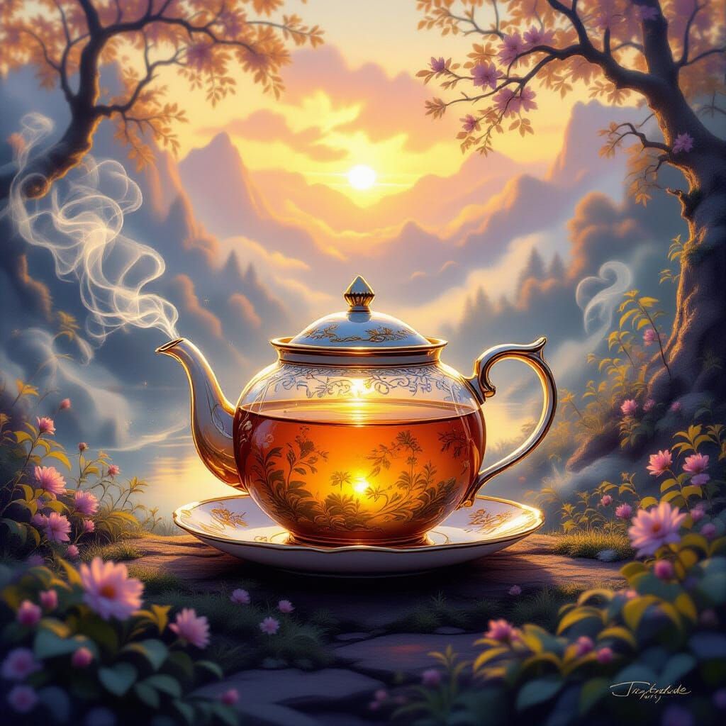 Enchanted Teapot Levitates in Ethereal Fantasy Landscape