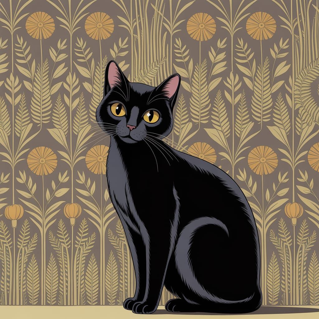 Elegant Art Deco Black Cat with Floral Wallpaper