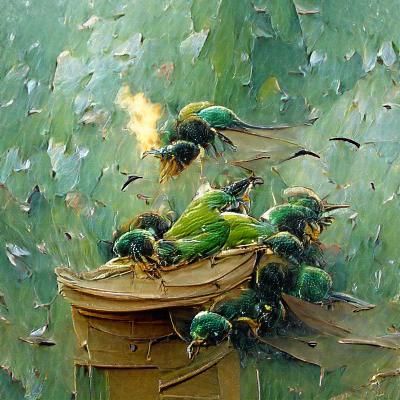 Green Birds Swarming Beehive as Oil Painting