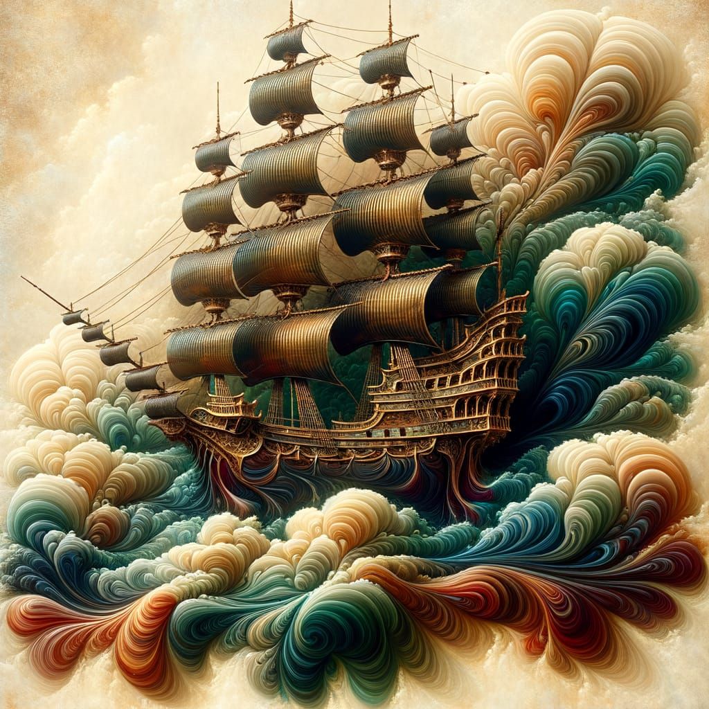 Golden Pirate Ship on Abstract Fractal Ocean