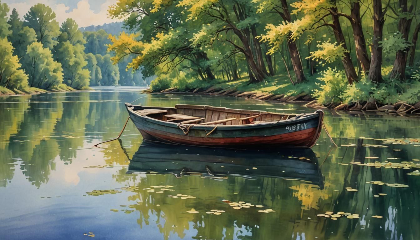 Romantic Lake Scene in Impressionist Gouache Style