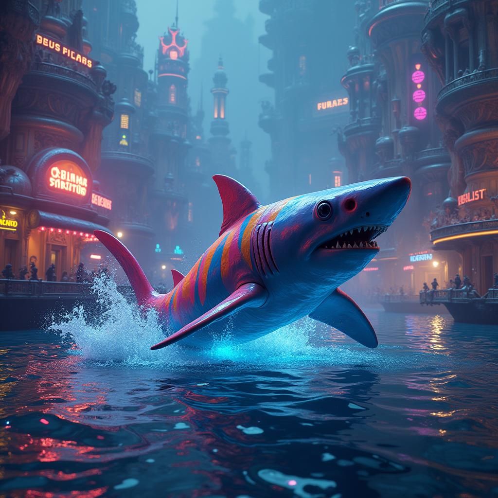 Neon Clown Shark in Underwater Cityscape