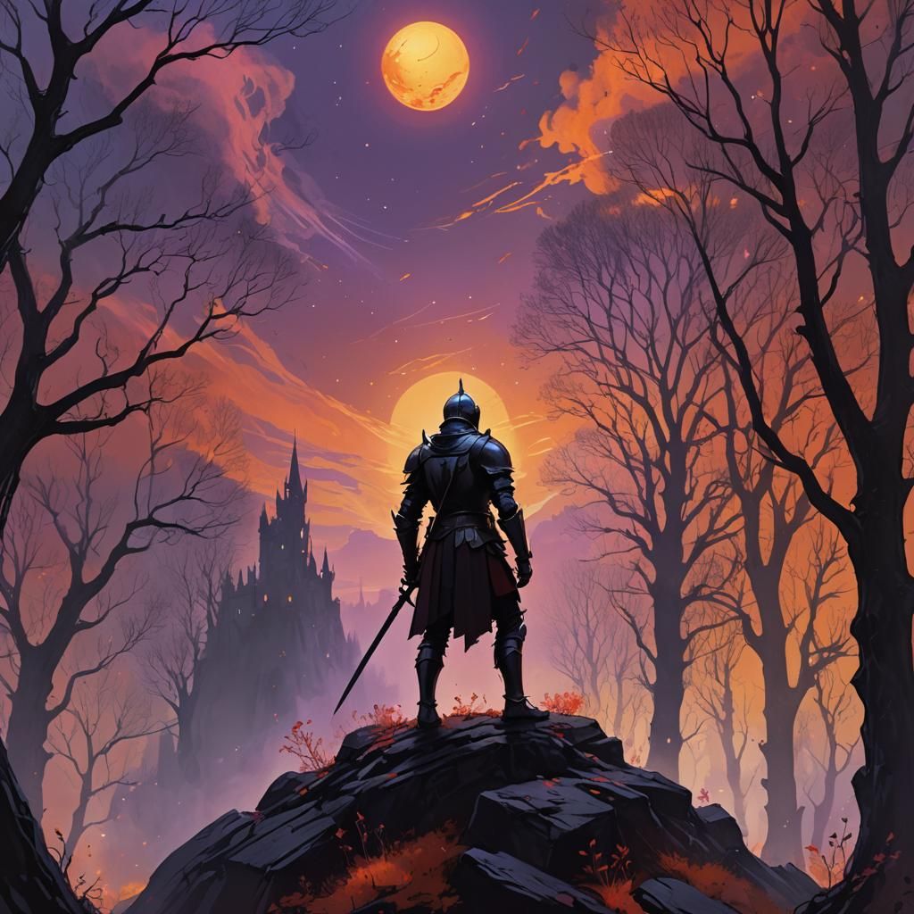 Knight Gazing at Orb in Dark Fantasy Landscape
