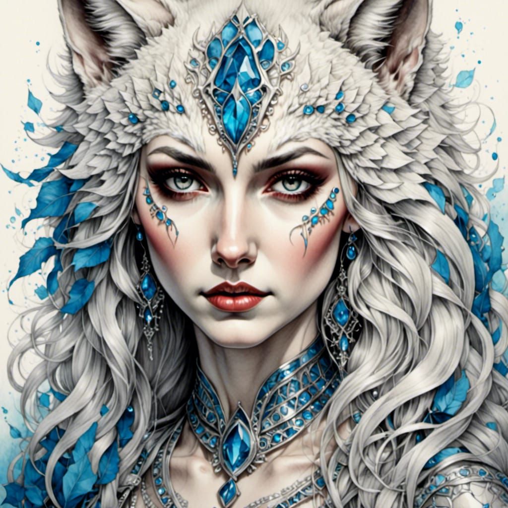 Lady Humanoid Wolf Digital Sketch