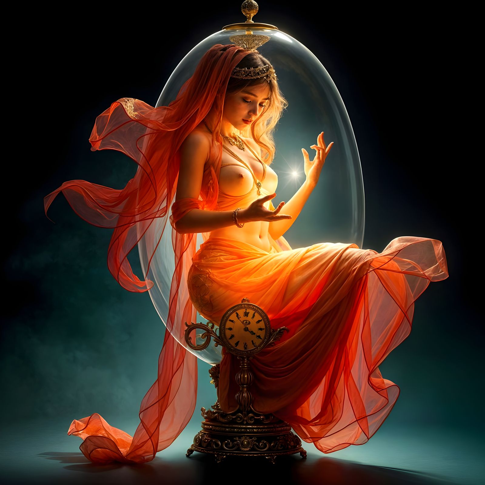 Ethereal Genie in Gilded Crystal Lamp, Inspired by Baroque M...