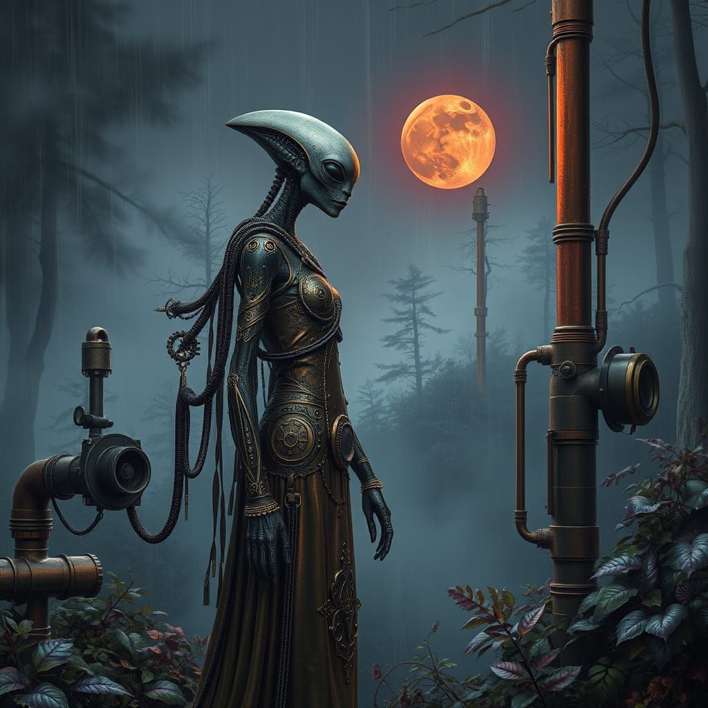 Ethereal Alien Figure in Steampunk Forest Under Crimson Moon