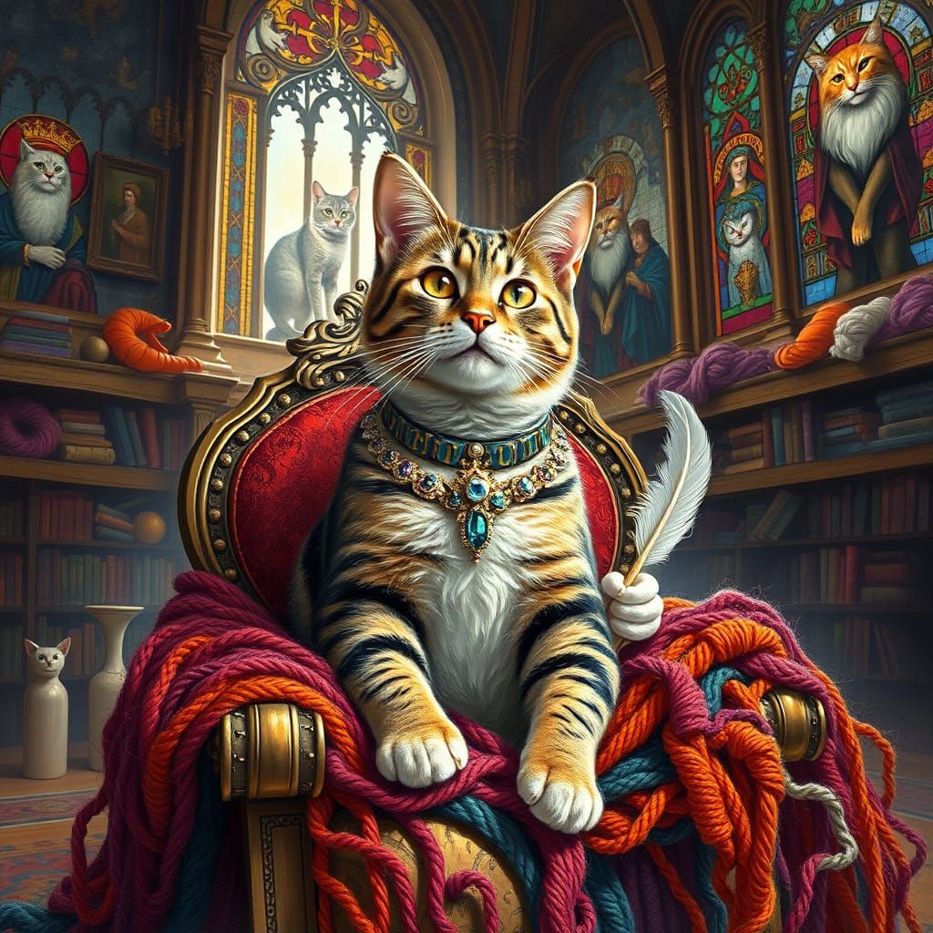 Regal Tabby Cat on Yarn Throne, Post-Impressionist Style