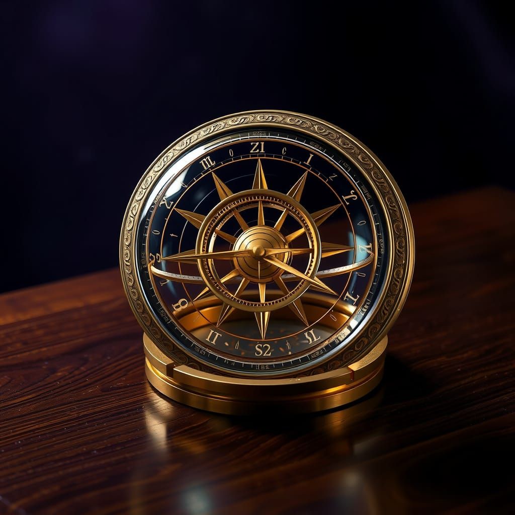 Golden Alethiometer on Dark Wooden Table