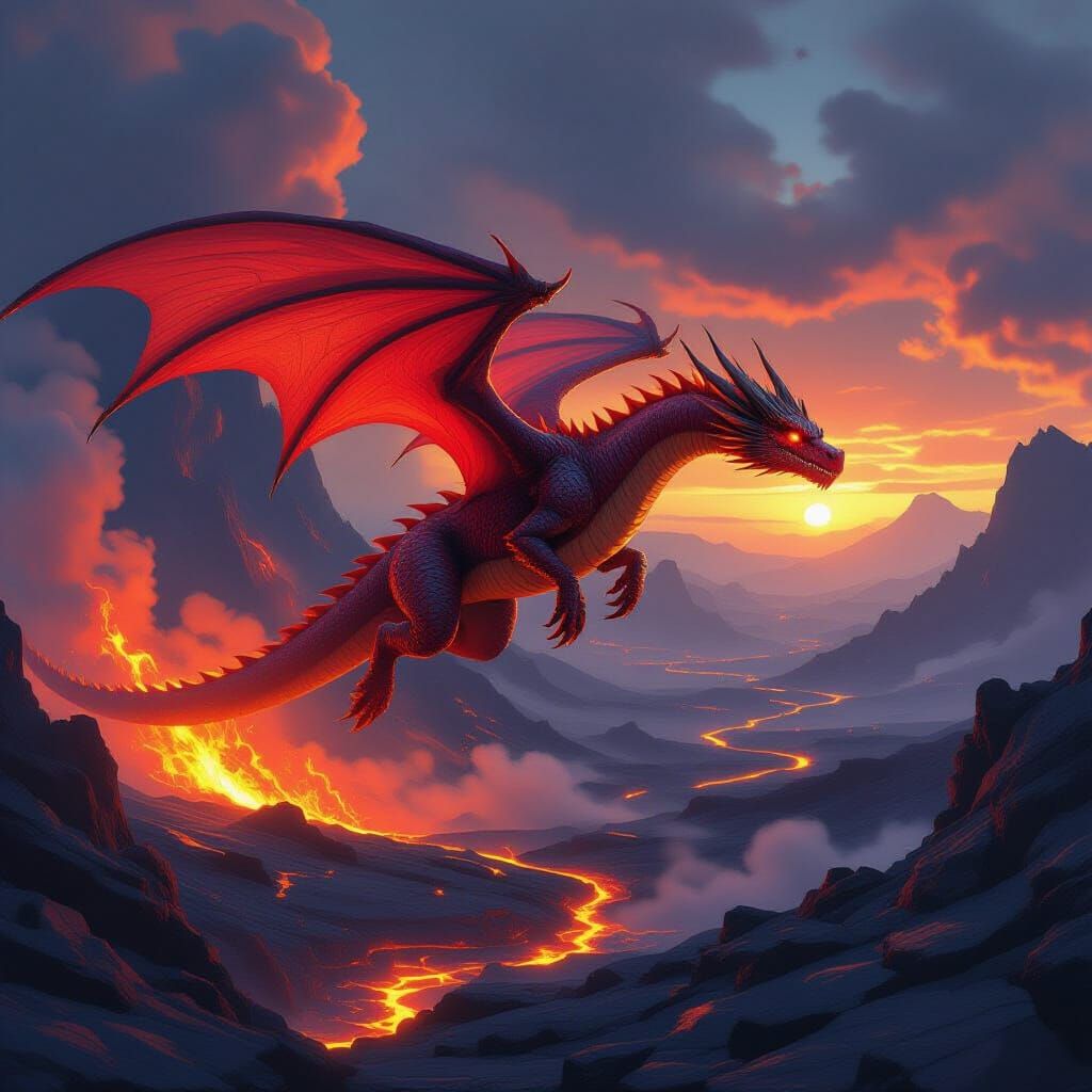 Fire Dragon Soaring Through Volcanic Landscape