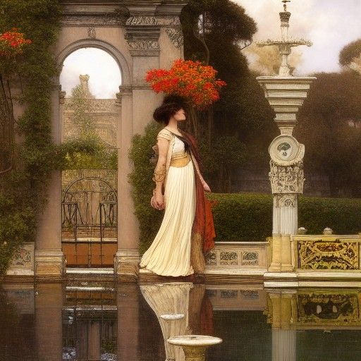 Lady by Temple Fountain in Pre-Raphaelite Style
