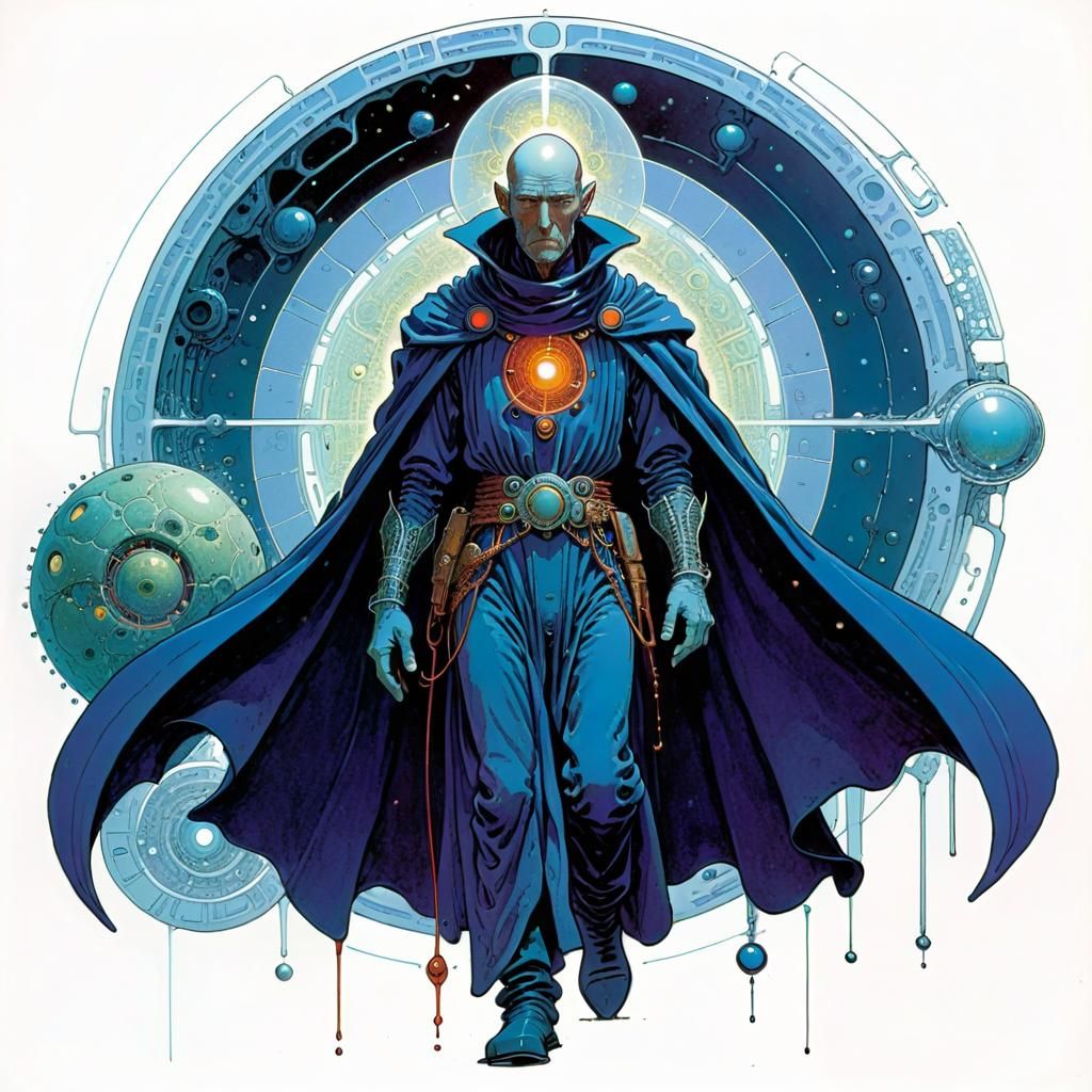 Techno Mage Traveling Dimensions in Sci-Fi Comic Style