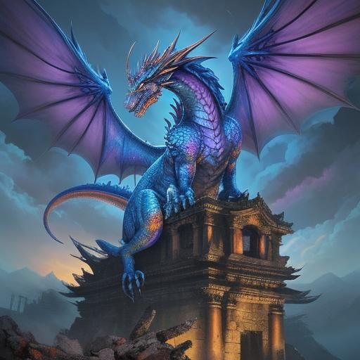 Anime Dragon Perched Atop Ancient Temple
