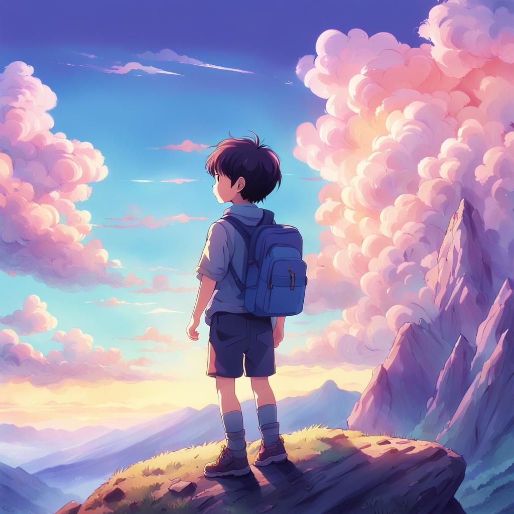 Anime Boy on Mountain in Studio Trigger Style