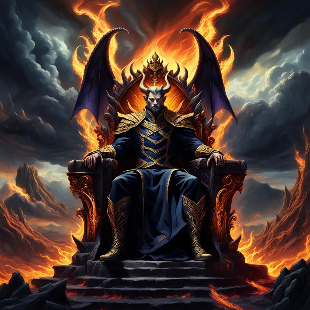 Lucifer Enthroned in Hellish Landscape: Dark Fantasy Art