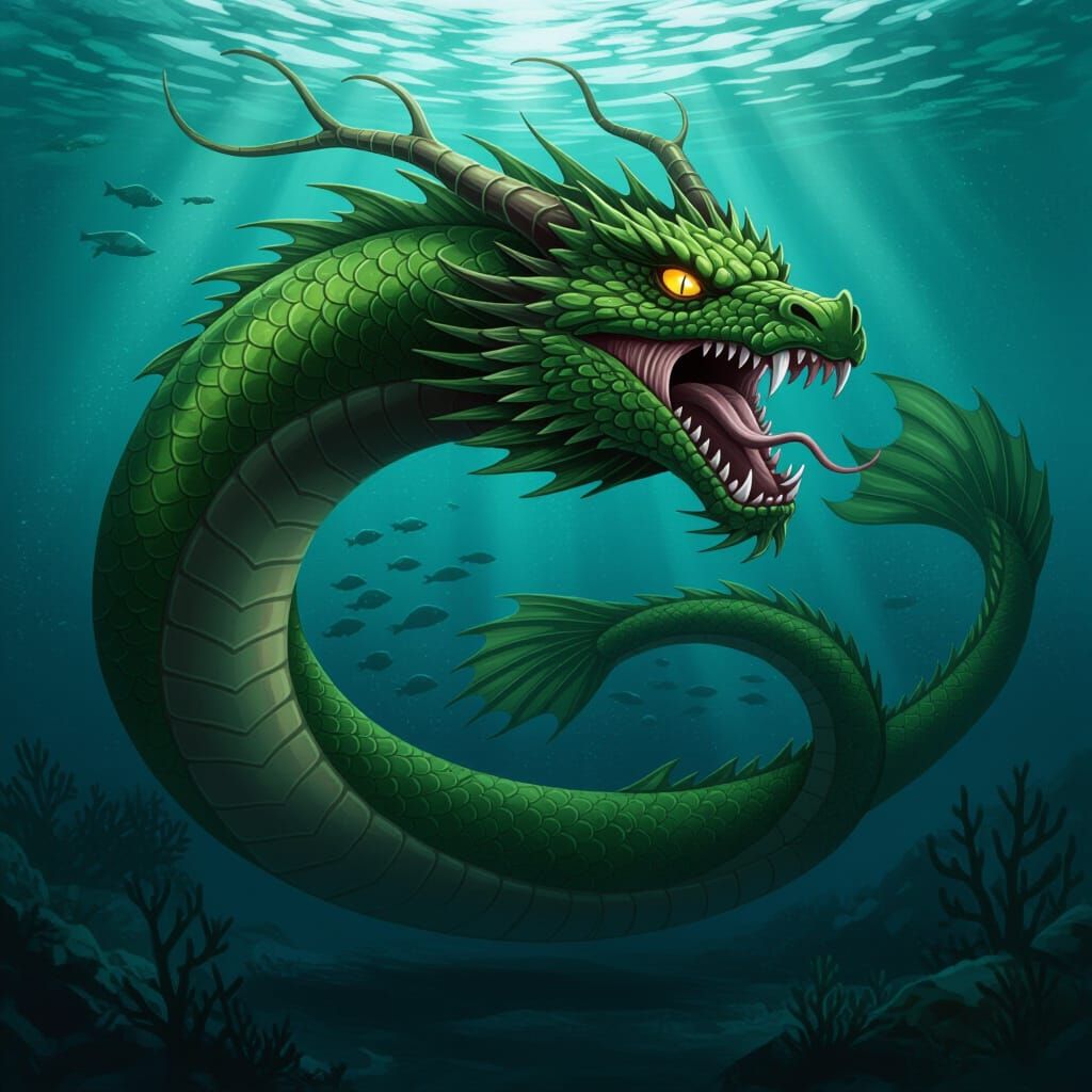 Massive Aquatic Serpent with Dragon Head and Sharp Fins