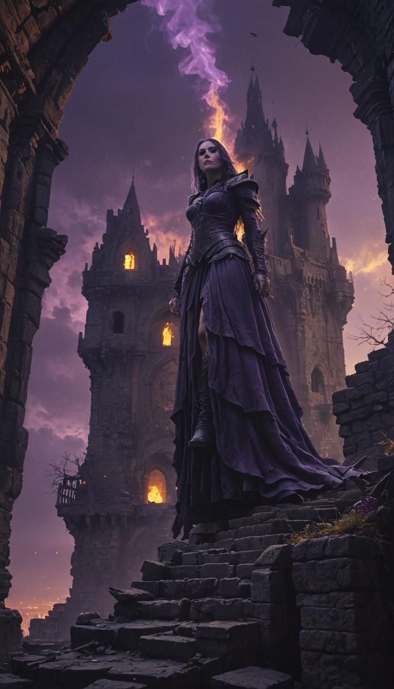 Dark Sorceress in Ruined Castle with Magic Vortex