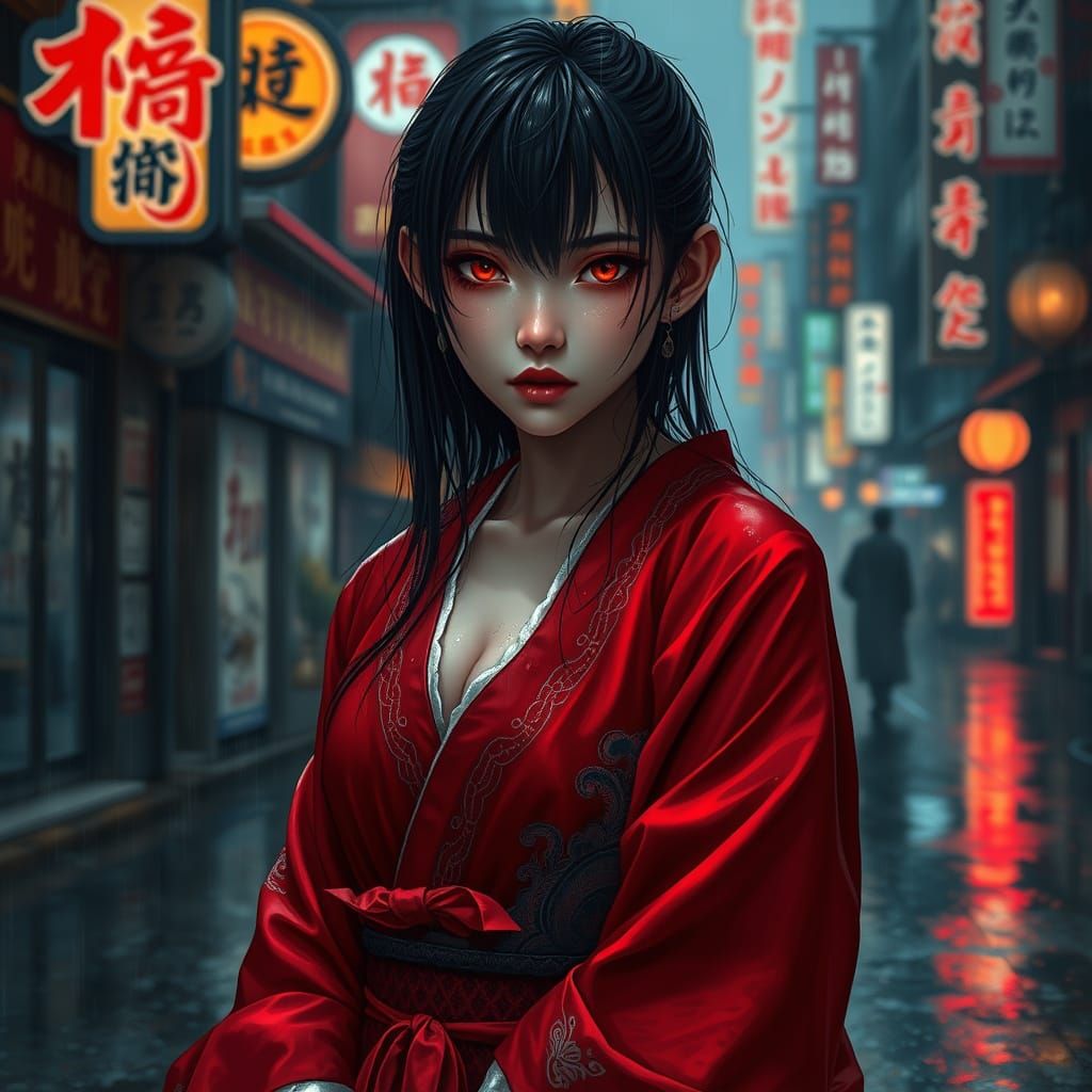Serious Girl in Wet Red Kimono, Neon City