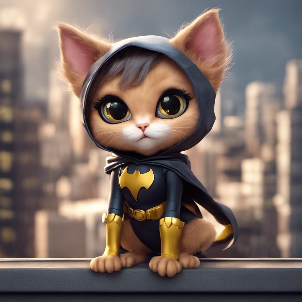 Chibi Batgirl Kitten Superhero on Rooftop