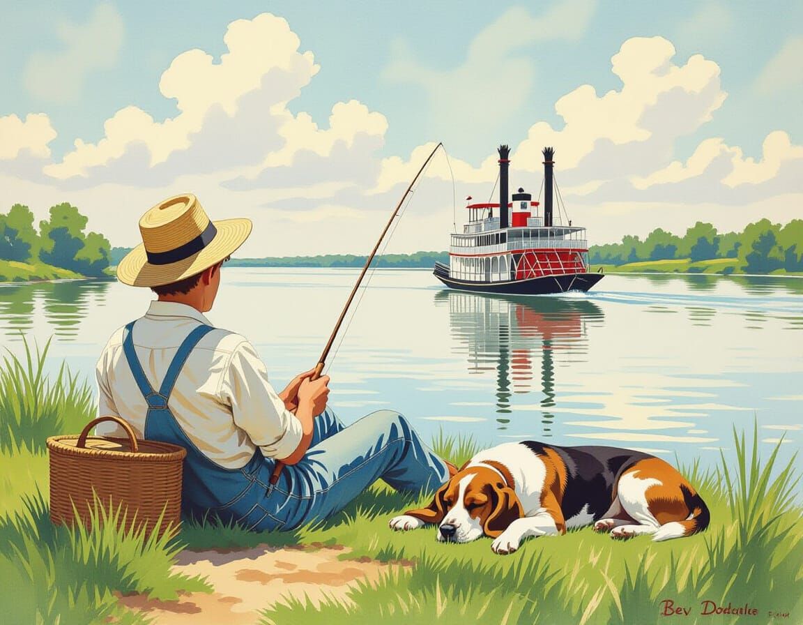 Huck Finn on the Mississippi in Watercolor Style
