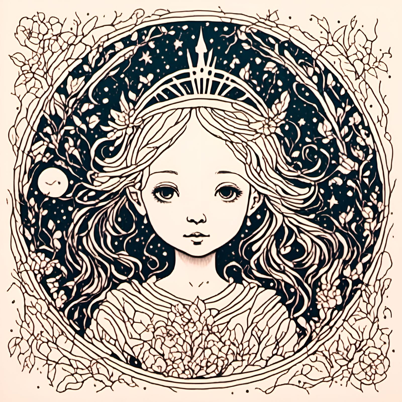 Elegant Line Art Princess in Negative Space