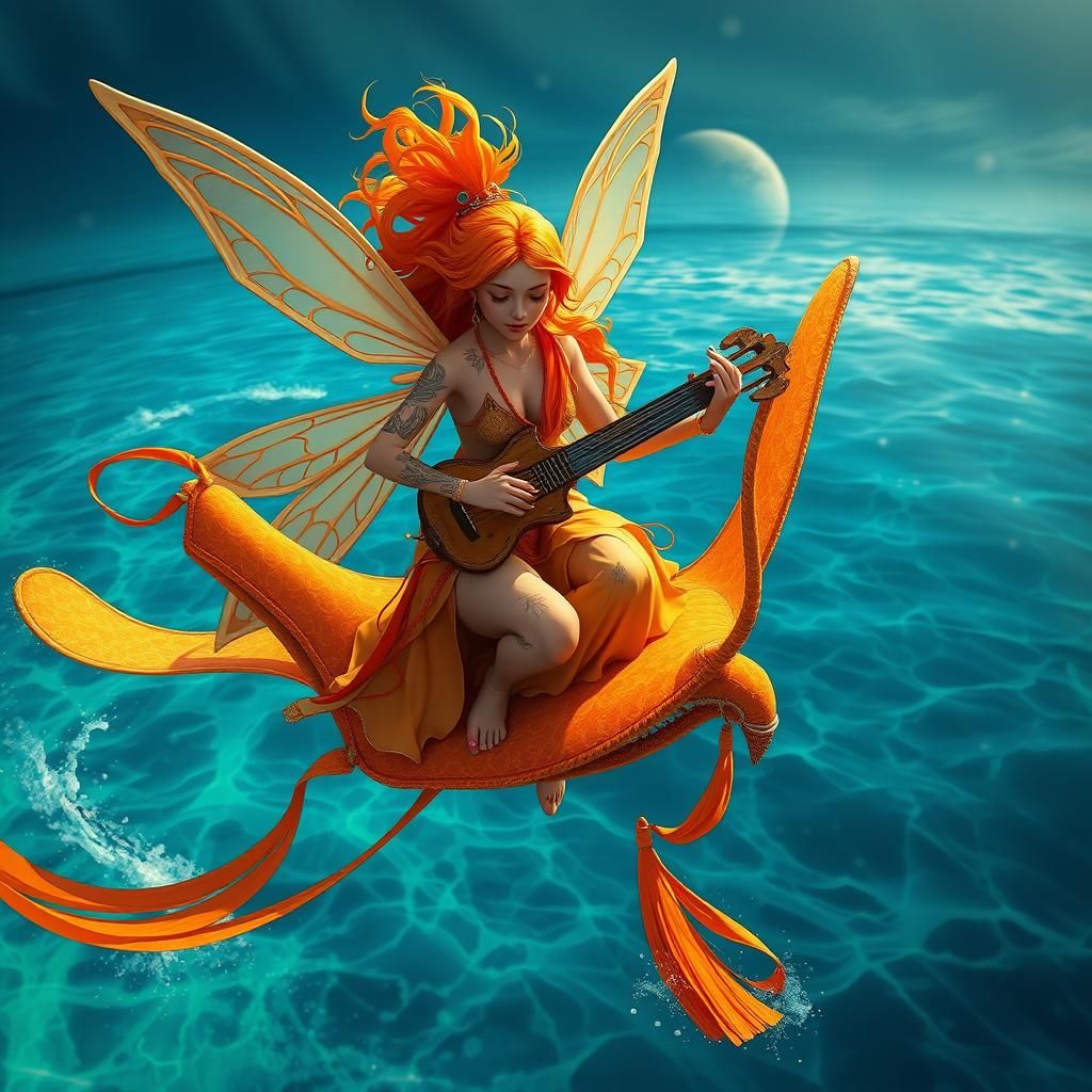 Orange Fairy Strums Lyre Above Sea, Detailed Painting