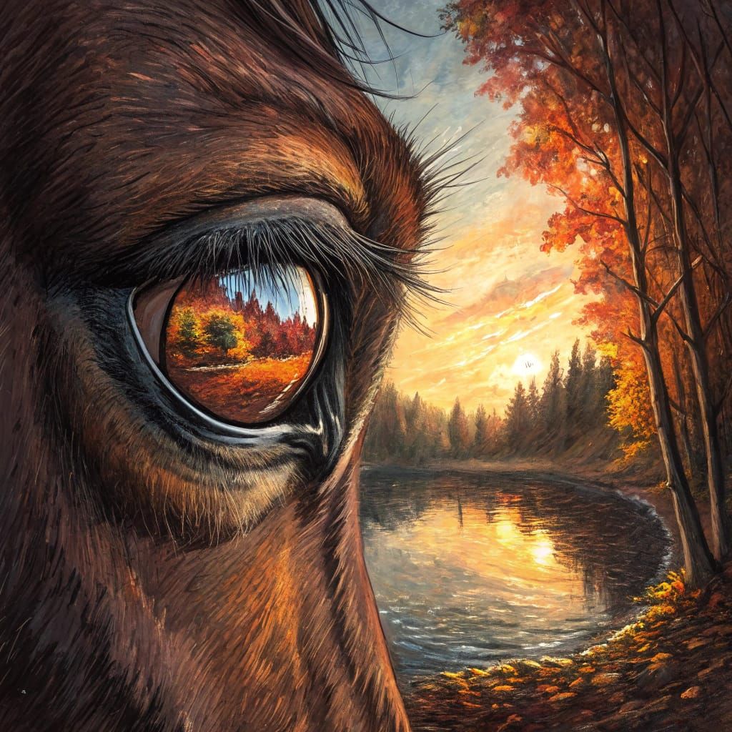 Horse Eye Reflecting October Sunset in Gouache Style