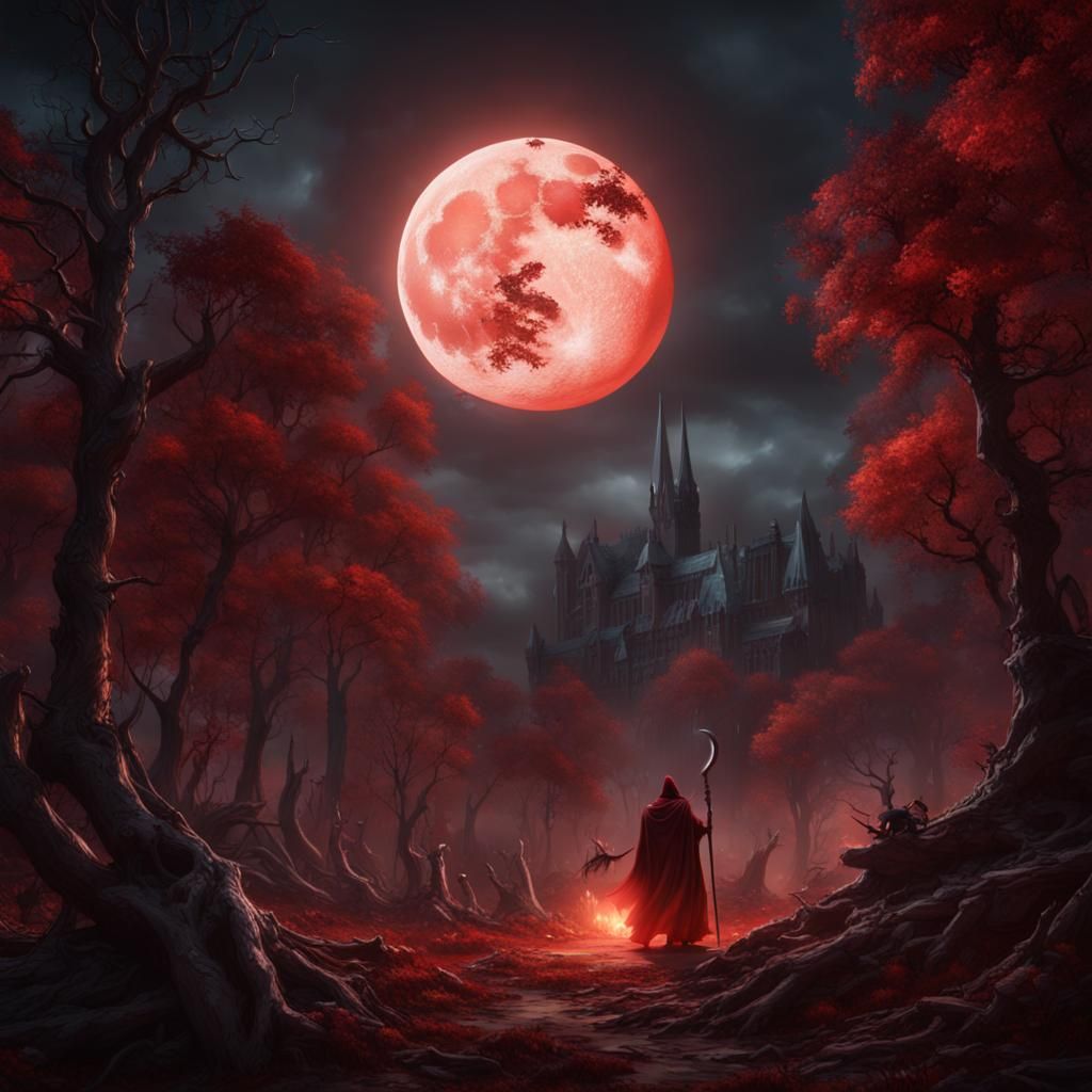 Eerie Red Moonlit Forest Souls in Fantasy Art