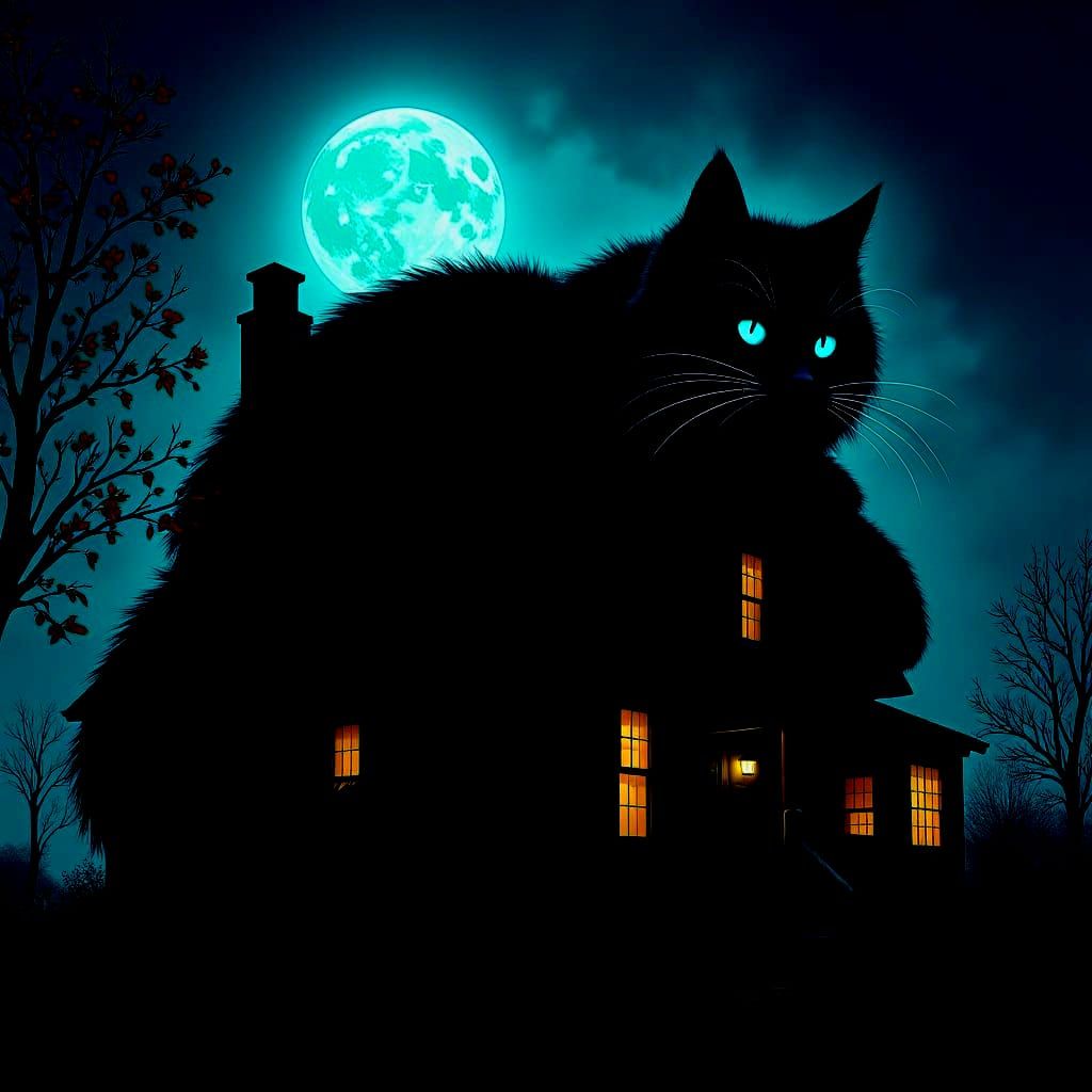 Haunted House on Hill with Gigantic Black Cat