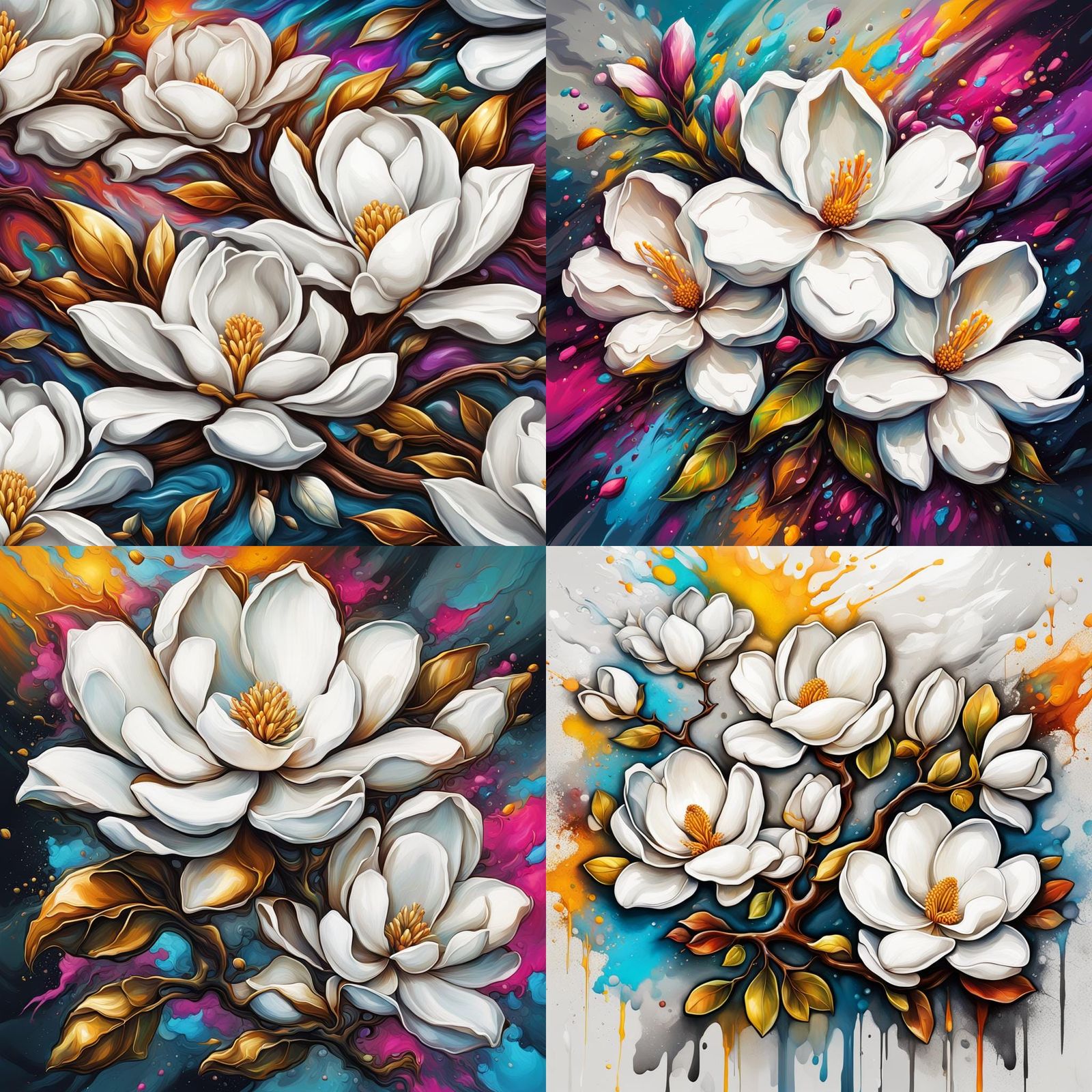 Elegant Magnolias in Graffiti Street Art Style