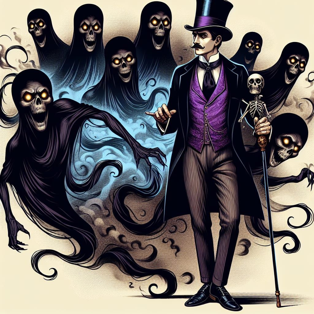 Enigmatic Necromancer with Spectral Figures