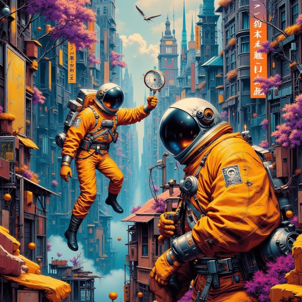 Surreal Astronaut in Abstract Cityscape with Melting Clock