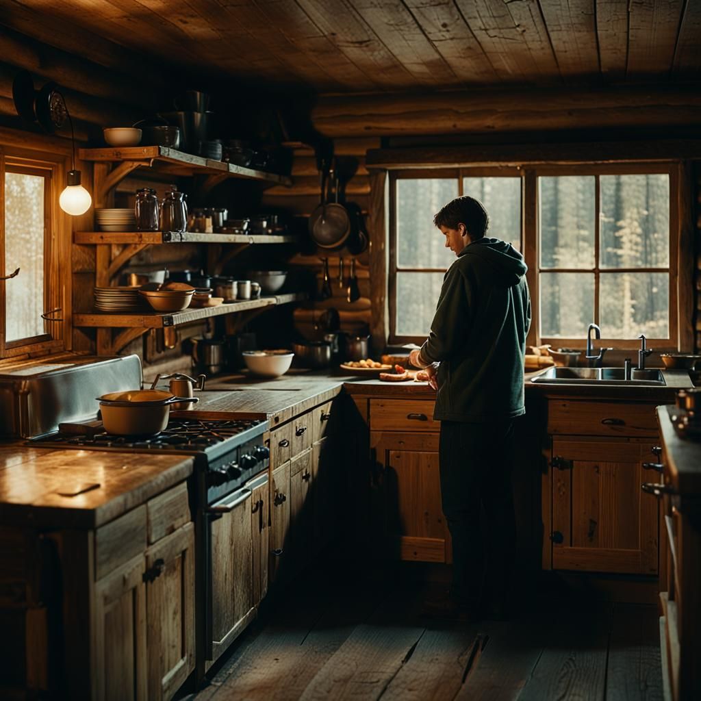 Cozy Cabin Kitchen Scene in Cinematic Style