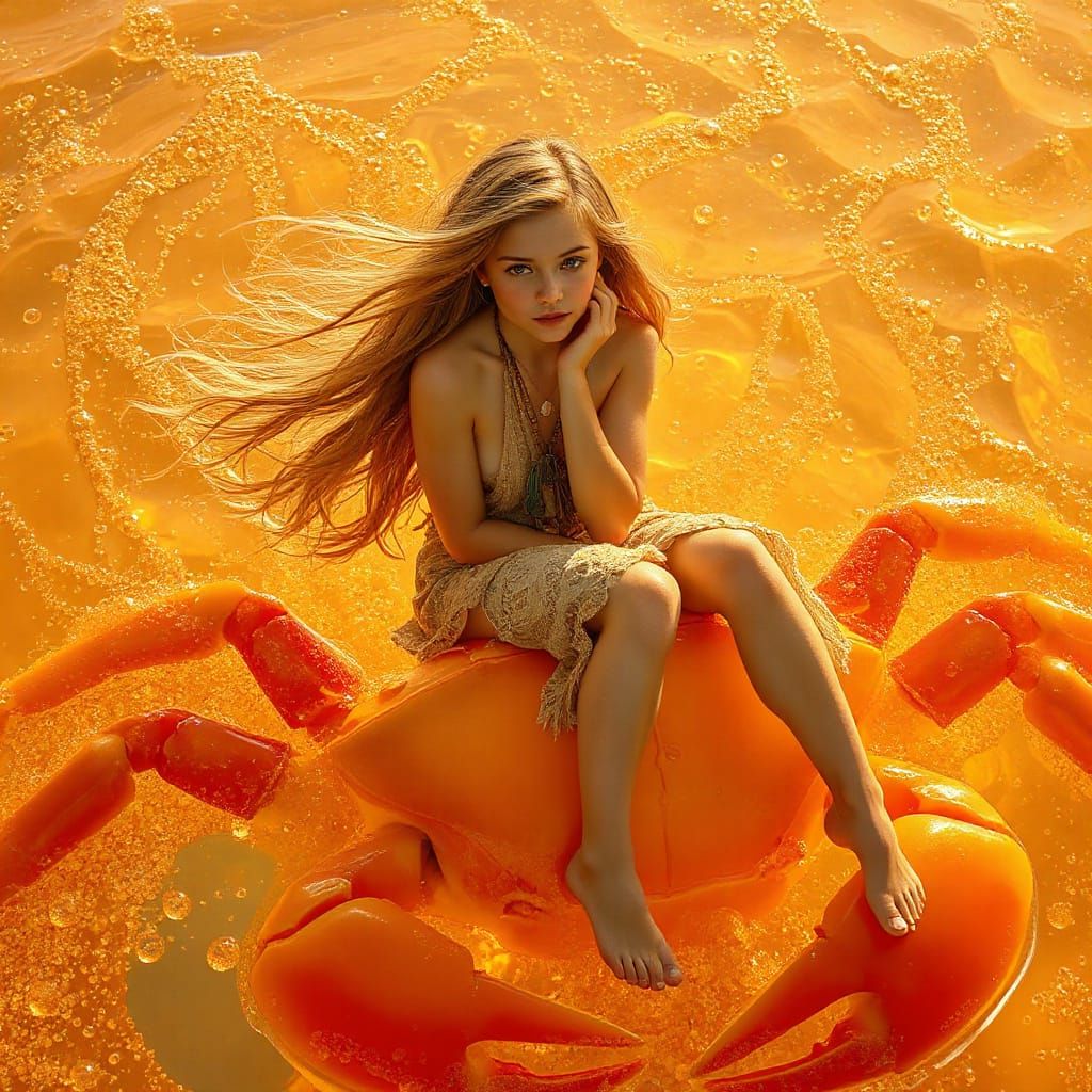 Golden-Haired Woman on Gummy Crab in Soda Sea