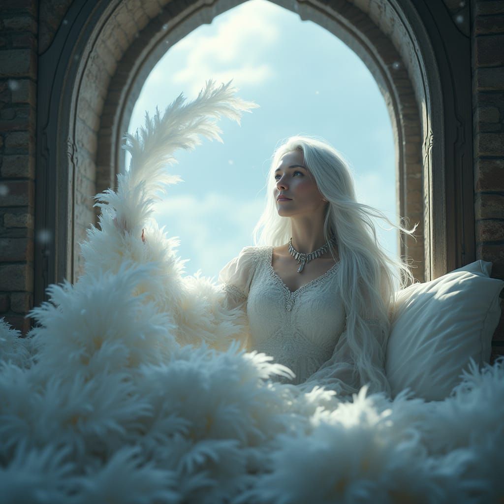 Woman Holle Shakes Featherbed: 3D Ultra-Realism