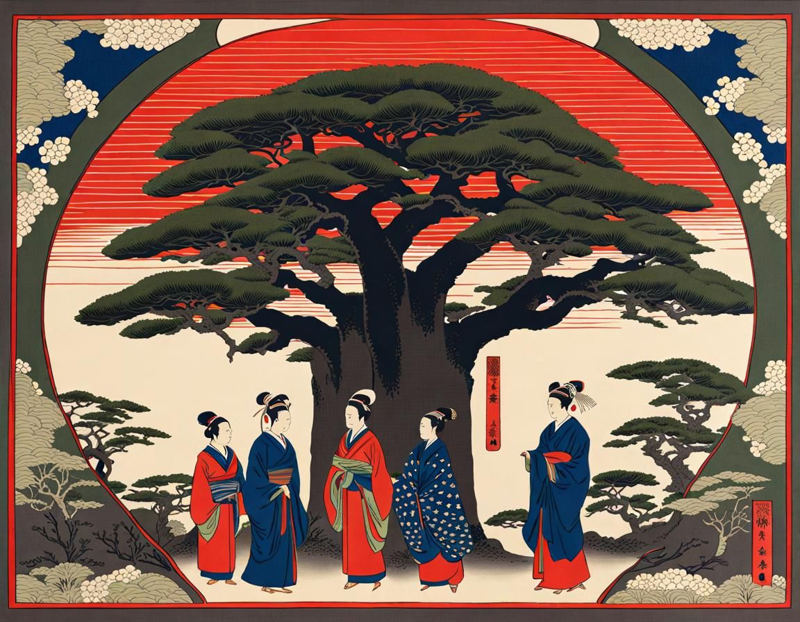 Baobab Tree in Ukiyo-e Woodblock Print Style