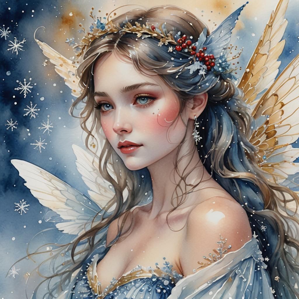 Christmas Fairy Portrait in Watercolor Style