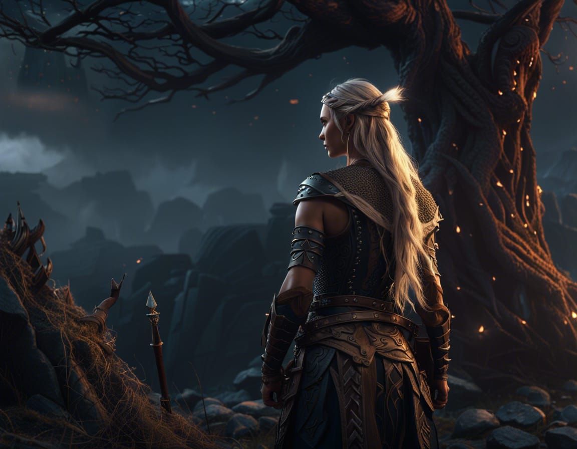 Epic Viking Warrior in Dark Fantasy Landscape