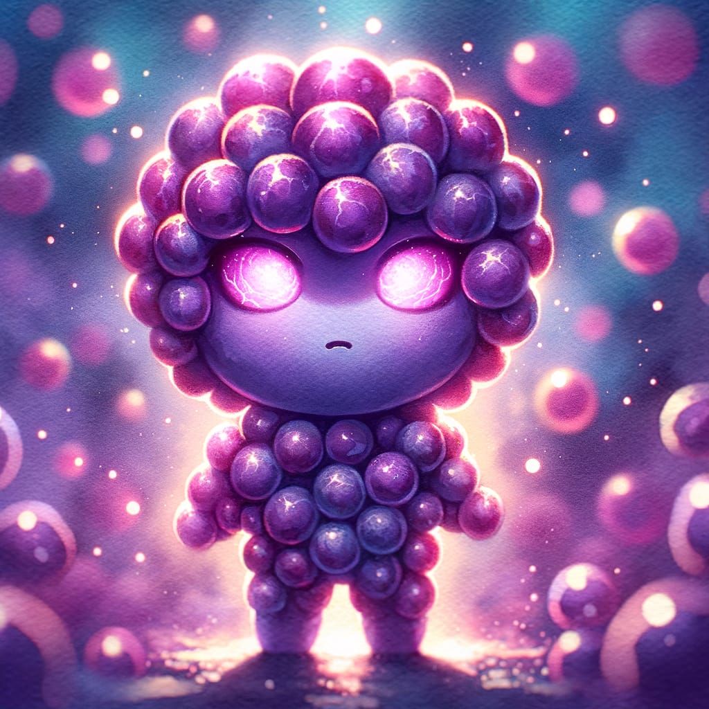 Grape Chibi Character with Glowing Eyes in Watercolor Style