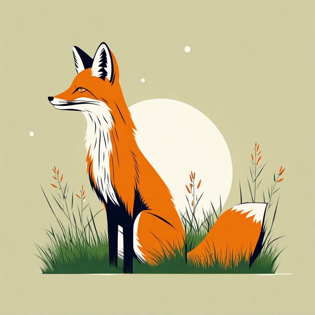 Minimalist Fox in Grass, Block Color Illustration