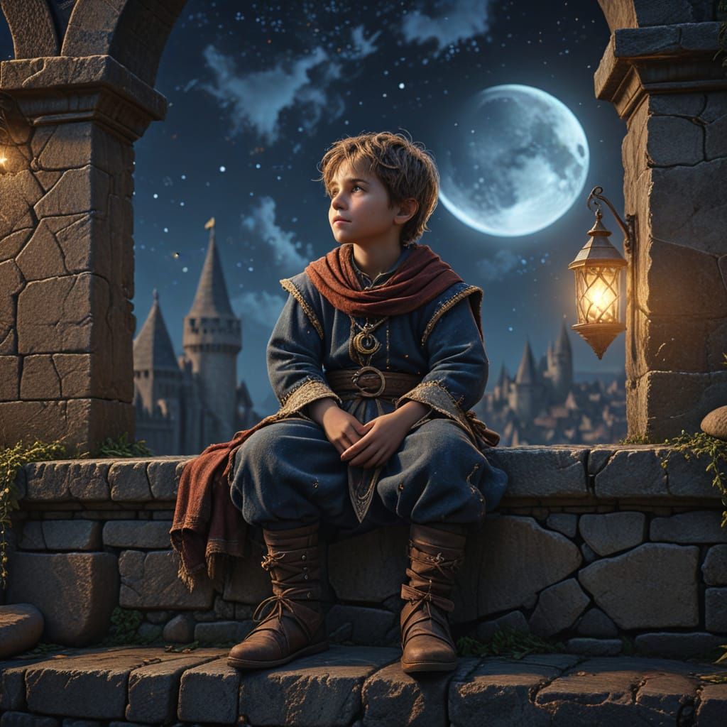 Medieval Boy in Starry Night, 8K Concept Art