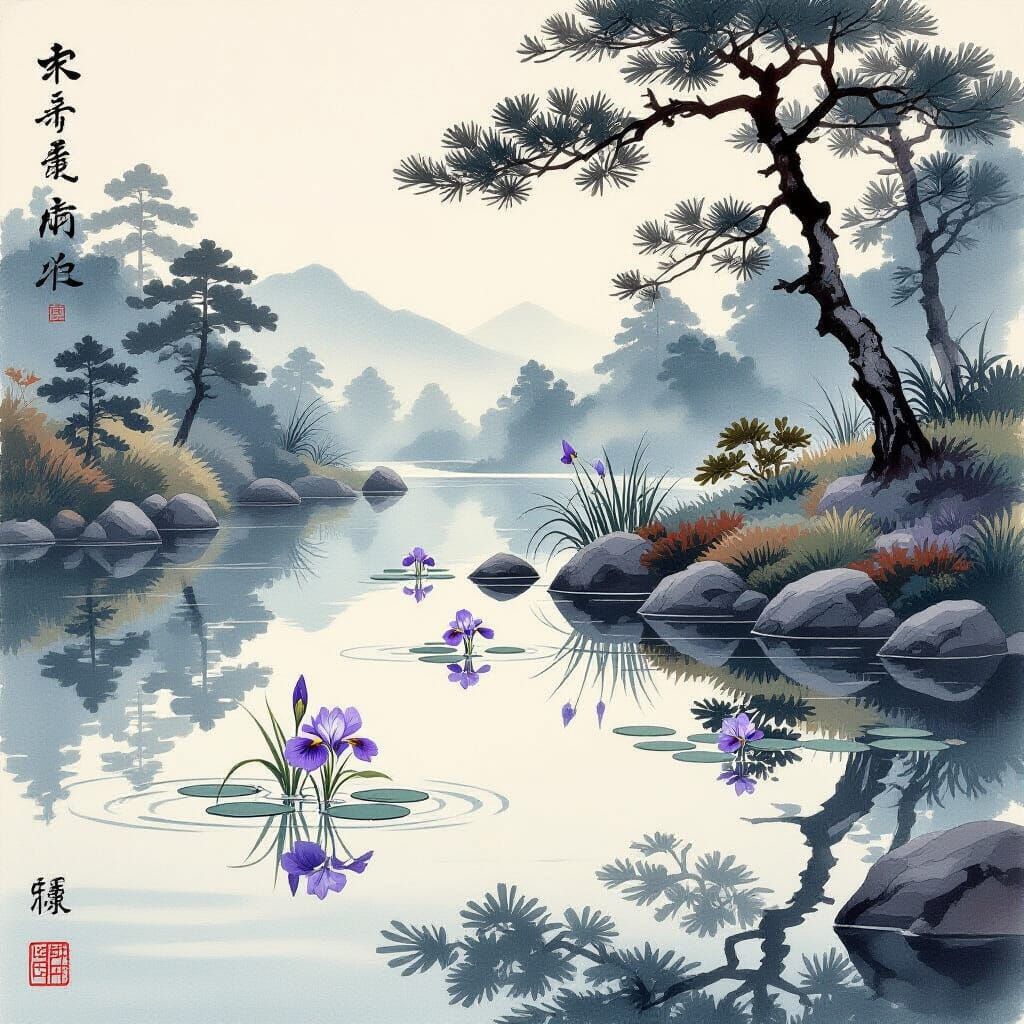 Japanese Pond with Irises in Ukiyo-e Style